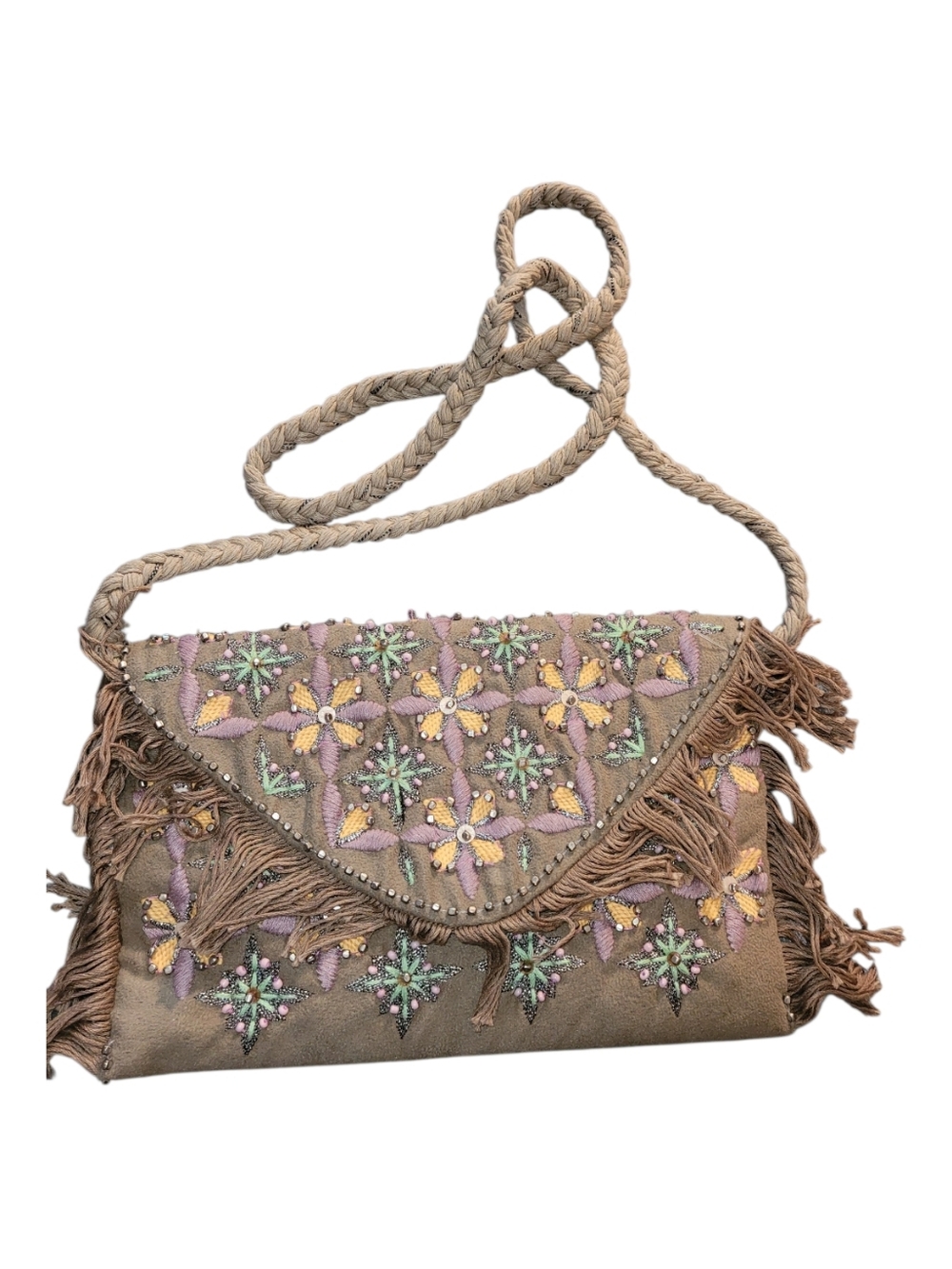 Boho Handbag Purse Shoulder Strap Stitched Flowers Beaded Accents Unique
